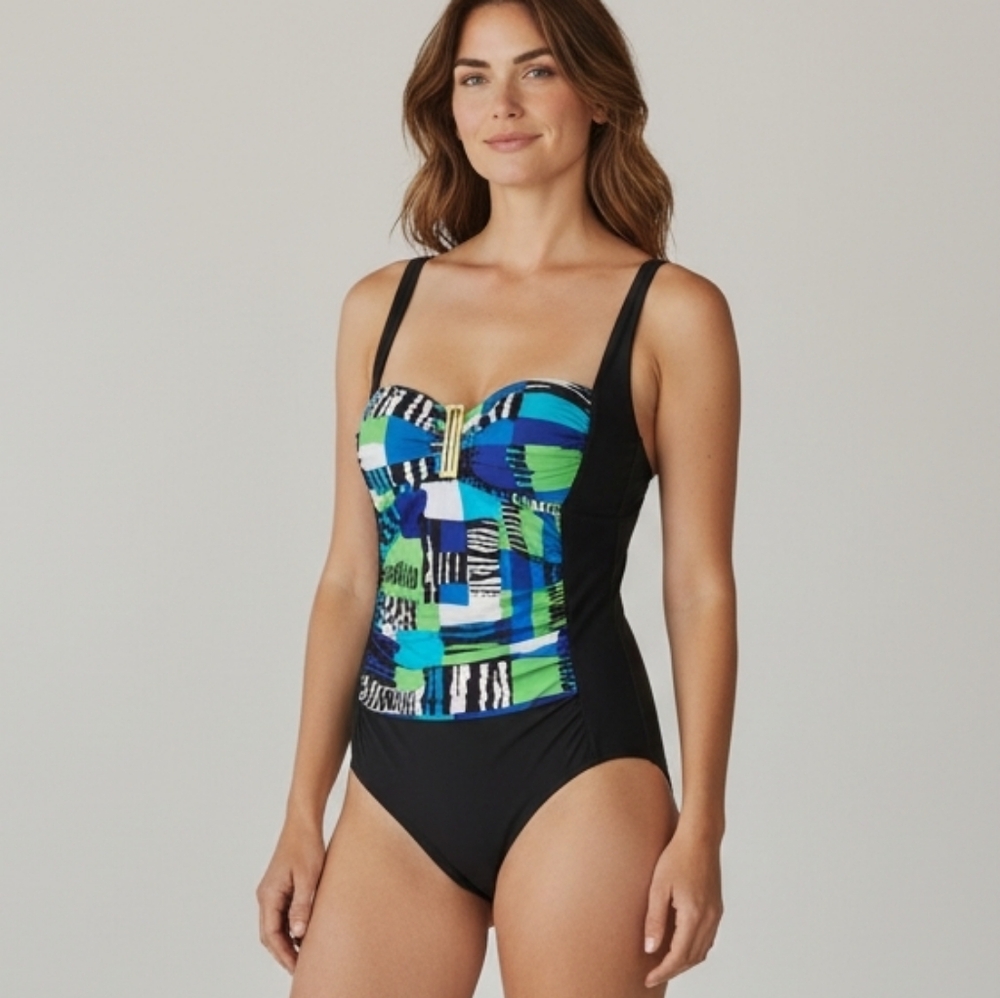 La Blanca One Piece Padded Ruched Swimsuit Gold Emblem Bathing Suit Black Blue 8